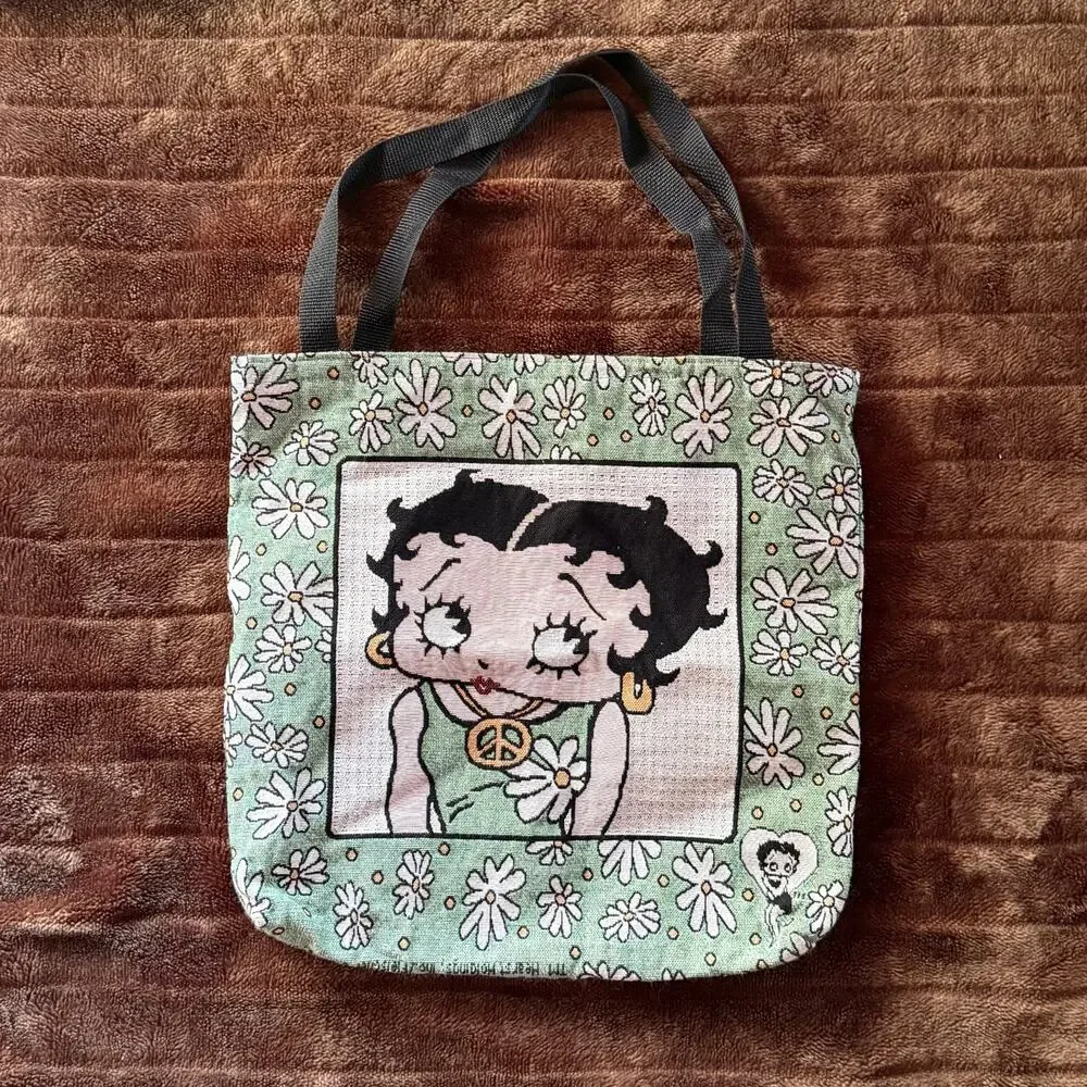 Vtg 2003 Betty‎ Boop Large Tapestry Tote Bag - Peace Signs & Daisies - Y2K Retro